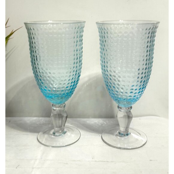 Textured Turquoise Blue Hobnail Glass Goblets Set Of 2 With Clear Stems - Picture 3 of 5